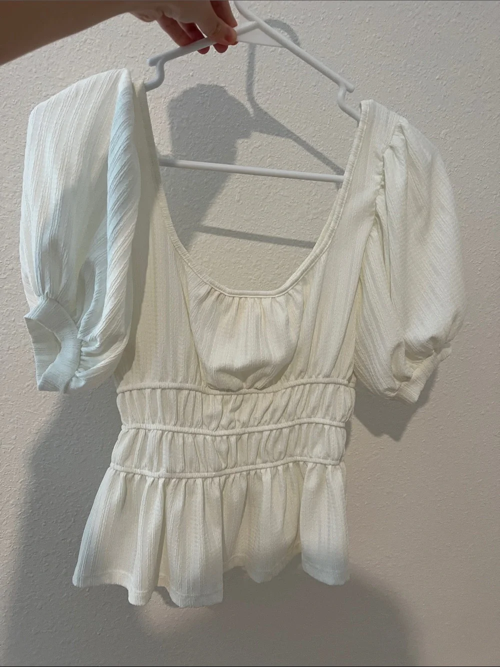 Maeve White Puff Sleeve Smocked Waist Women's Top